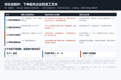 四道关与三个关键尺寸：材料与表面状态、板厚与折弯半径、孔位与公差给法、焊缝与表面处理顺序——内 R ≥ 板厚、孔到折弯线 ≥ 2t + R、关键尺寸单独标，这三个数先定下来，能省掉大部分返工