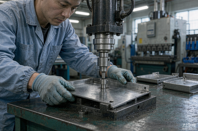 压铆工序现场——压头压力和模具必须对上型号，压歪一颗整块面板就废