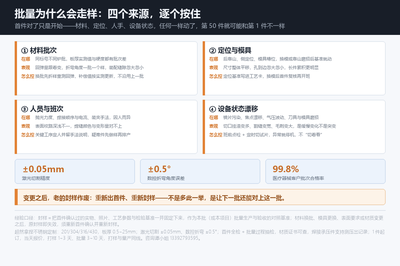 批量走样的四个来源:材料批次、定位与模具、人员与班次、设备状态漂移——每一条都有对应的按住办法